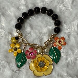 Floral Charm Bracelet with Black Beads